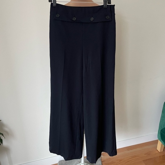 Akris Punto Wool Button Flap Wide Leg Navy Blue Trouser Pants EUC Size US 6 D 36 - Picture 1 of 7